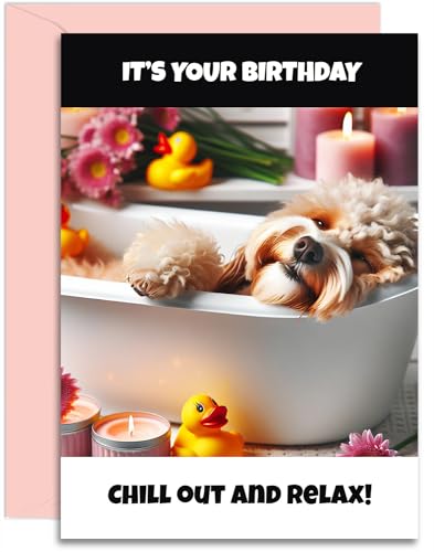 Cockapoo Geburtstagskarte – Chill out and Relax – A5-Größe mit rosa Umschlag Lustige Karte für sie, Mutter, Oma, Tante, Schwester, Tochter Entworfen und gedruckt in Großbritannien von Olivia Samuel