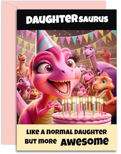 Daughtersaurus Geburtstagskarte – lustiges rosa Dinosaurier-Design für kleine Mädchen von Mama, Papa, A5-Größe, mit rosa Umschlag von Olivia Samuel