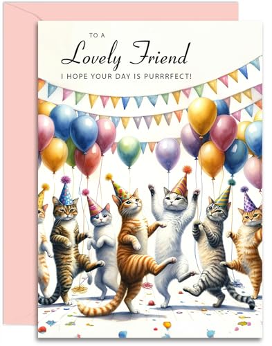 Geburtstagskarte für Freunde, Motiv: tanzende Katzen, A5, mit rosa Umschlag, entworfen und gedruckt in Großbritannien von Olivia Samuel