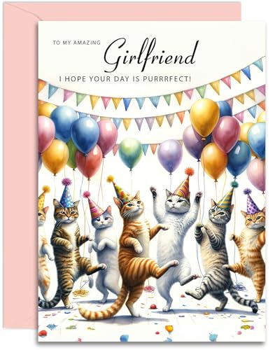 Geburtstagskarte für Freundin, Motiv: tanzende Katzen, A5, mit rosa Umschlag, entworfen und gedruckt in Großbritannien von Olivia Samuel