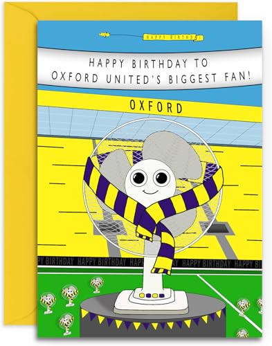 Geburtstagskarte für Fußball-Fans, Oxford-Fan, A5 (148 x 210 mm), mit gelbem Umschlag. Entworfen und gedruckt in Großbritannien von Olivia Samuel