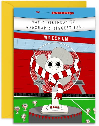 Geburtstagskarte für Fußball-Fans, Wrexham-Fan, A5 (148 x 210 mm), mit gelbem Umschlag. Entworfen und gedruckt in Großbritannien von Olivia Samuel