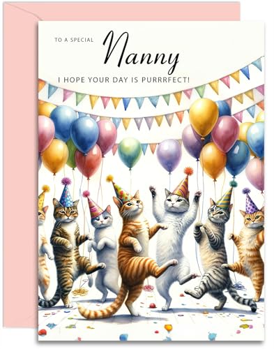 Geburtstagskarte für Kindermädchen, Motiv: tanzende Katzen, A5, mit rosa Umschlag, entworfen und gedruckt in Großbritannien von Olivia Samuel