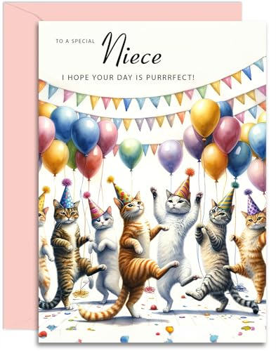 Geburtstagskarte für Nichte, Motiv: tanzende Katzen, A5, mit rosa Umschlag, entworfen und gedruckt in Großbritannien von Olivia Samuel