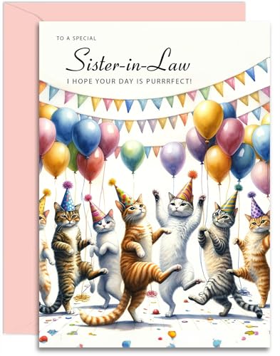 Geburtstagskarte für Sie, Motiv: tanzende Katzen, A5, mit rosa Umschlag, entworfen und gedruckt in Großbritannien von Olivia Samuel