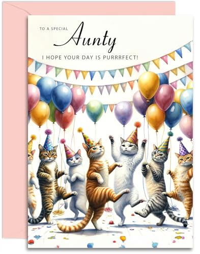 Geburtstagskarte für Tante, Motiv: tanzende Katzen, A5, mit rosa Umschlag, entworfen und gedruckt in Großbritannien von Olivia Samuel