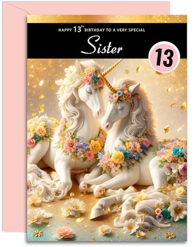 Geburtstagskarte zum 13. Geburtstag der Schwester, magisches Einhörner-Design, Happy Birthday Karte für Schwester zum 13. Geburtstag, A5, mit rosa Umschlag, entworfen und gedruckt in Großbritannien von Olivia Samuel