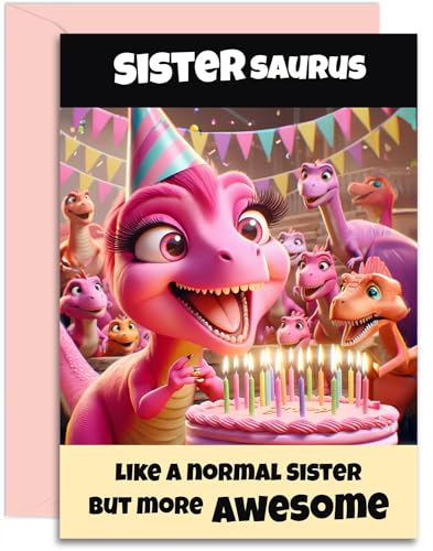 Sistersaurus Geburtstagskarte – lustiges rosa Dinosaurier-Design von kleiner oder großer Schwester oder Bruder, A5-Größe, mit rosa Umschlag von Olivia Samuel