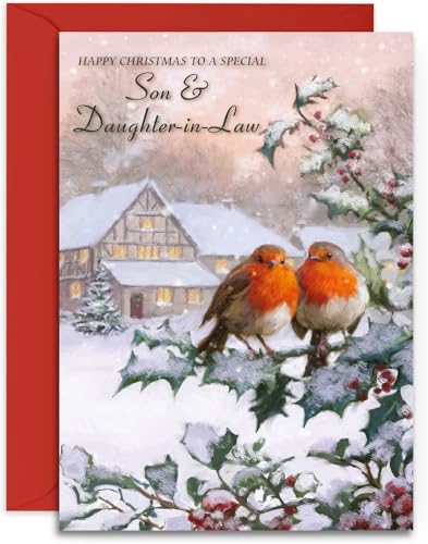 Son & Daughter-In-Law Christmas Card from Olivia Samuel - Two Robins - Gloss Medium Sized Card (A5 Size -148mm x 210mm) with Peel and Seal Envelope von Olivia Samuel