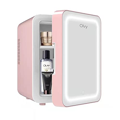 Olvy Kosmetik Kühlschrank 4 Liter, Tragbarer Mini Kühlschrank mit LED Spiegel, Klein Skincare Fridge, Kühl und Heiß für Zimmer, Rosa von Olvy
