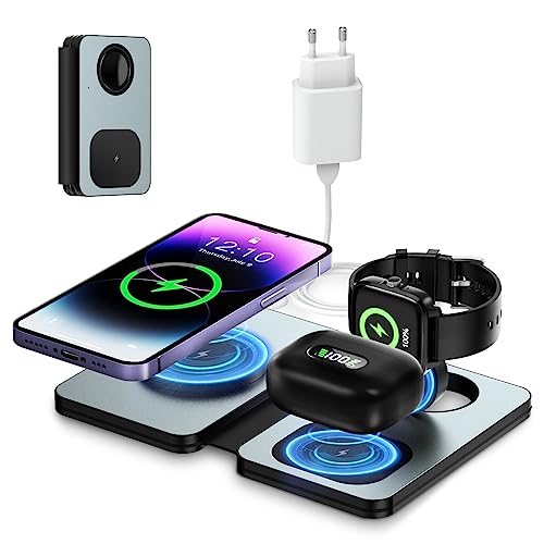 Olycism 15W Faltbar Kabelloses Ladegerät 3 in 1 kompatibel mit iPhone 15 14 13 12 11 Pro Max/Mini/XS/XR Magnetic Wireless Charger für iWatch 8/7/6/SE/5/4/3/2 Air Pods mit Adapter Grau von Olycism