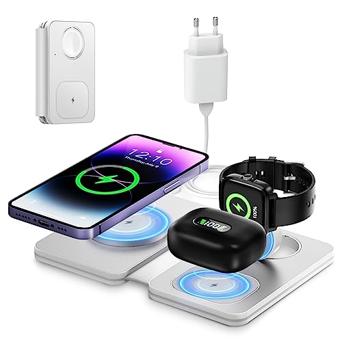 Olycism 15W Faltbar Kabelloses Ladegerät 3 in 1 kompatibel mit iPhone 15 14 13 12 11 Pro Max/Mini/XS/XR Magnetic Wireless Charger für iWatch 8/7/6/SE/5/4/3/2 Air Pods mit Adapter Weiß von Olycism