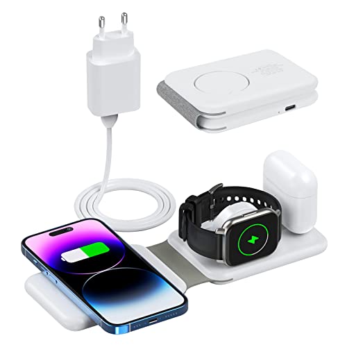 Olycism 3 in 1 Faltbar Kabelloses Ladegerät, Magnetic Wireless Charger Ladestation Kompatibel mit i Phone 14 13 12 11 Pro Max/Mini/XS/XR, iWatch 8/7/6/SE/5/4/3/2, AirPods Pro1/2/3 mit Adapte Weiß von Olycism