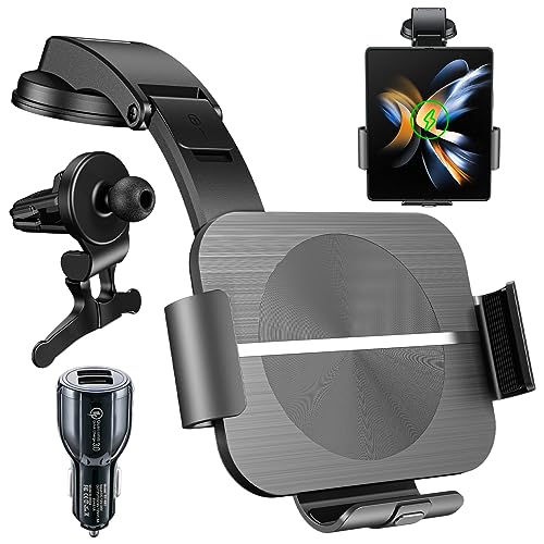 Olycism Dual Coils 15W Fast Wireless Charger Auto Handyhalterung Mit Ladefunktion Automatischer Induktio Qi Kabellose Kfz-Ladegeräte Lüftung für Samsung Galaxy Z Fold 5/4/3/2 USB QC 3.0 Autoladegerät von Olycism