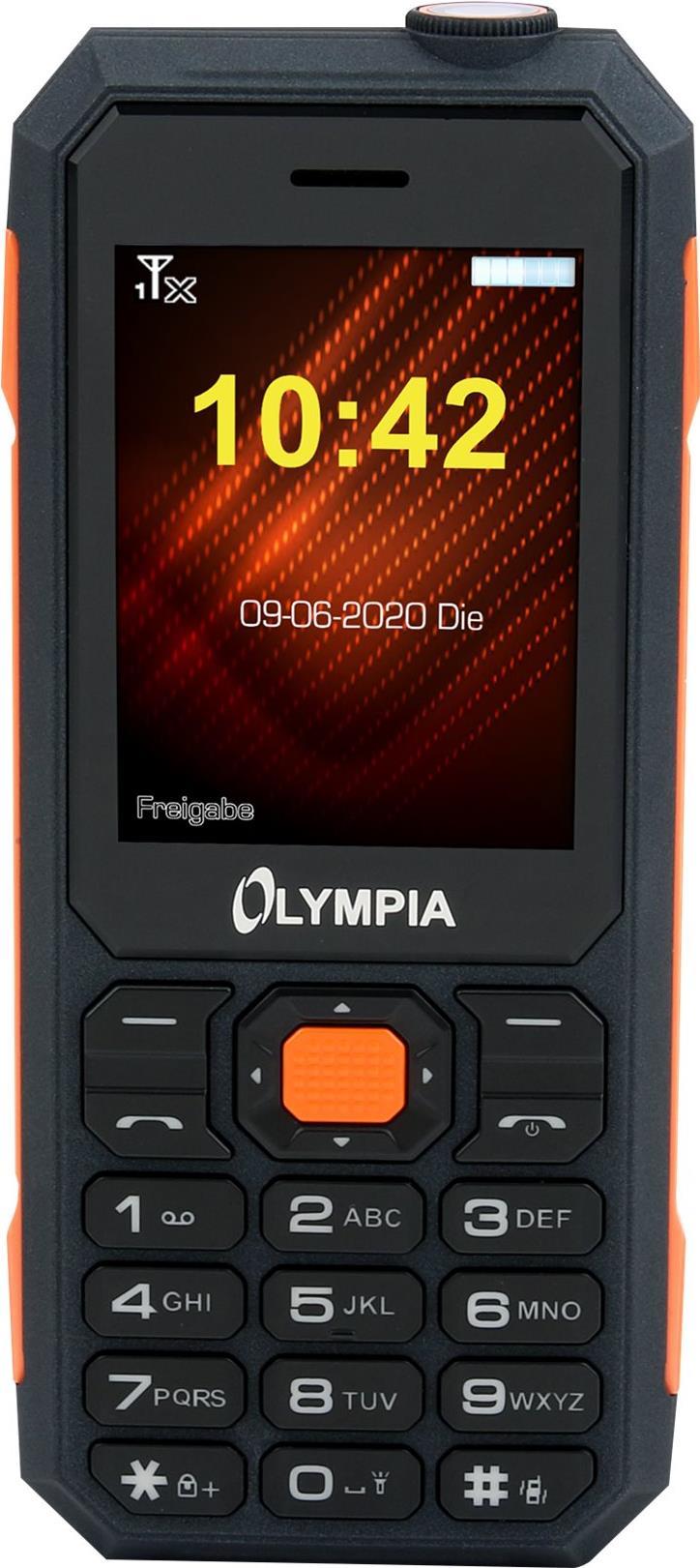 Olympia Active, Outdoorhandy Wasserfest und Staubgeschützt Stossfest durch gummiertes Gehäuse GSM Standard Quad Band Farb-LC-Display 2,4 mit Hintergrundbeleuchtung Freisprechen, Telefonbuch für 300 Einträge Kurzmitteilungen (SMS), Clip-Funktion für 20 Einträge, Vibrationalarm, Bluetooth, Dual-Sim Datum/Uhrzeit/Alarmfunktion, Integriertes FM-Radio Integrierte Kamera Leistungsstarker wiederaufladbare Li-Ionen Batterie mit 1700 mAh Betriebsbereitschaft bis zu 240 Std. Dauergespräch bis zu 8 Std. Multimedia-Player mit MP3 / Video (2283) von Olympia