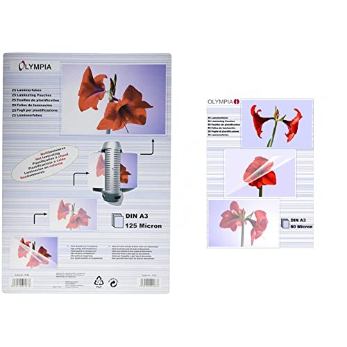 Olympia Laminierfolien DIN A3, 125 Mikron, glänzend, 25 Stück, 9183 & Laminierfolien DIN A3, 80 Mikron, glänzend, 50 Stück, 9174 von Olympia