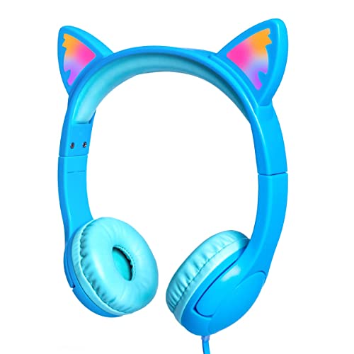 Kinder Kopfhörer,Katze Ohren Kopfhörer mit LED-Leuchten, Katze Kopfhörer Sicheren Lautstärke 85 dB Begrenzt Kopfhörer, Kabelgebundene Kleinkinder Kopfhörer für Tablet/Online/Schule/Reisen,Blau von Olyre