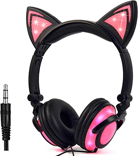 Olyre Kopfhörer für Kinder mit Katzenohren, mit LED, faltbar, leicht, mit 3,5 mm Audiokabel für Smartphone, Tablet, iPad (Rosa + Schwarz) von Olyre