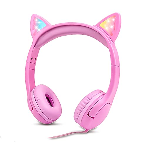 Olyre Mädchen-Kopfhörer mit LED-Beleuchtung, Katzenohren, 85 dB, Gehörschutz, Kinder-Kopfhörer, 3,5 mm Klinkenstecker, Pink von Olyre