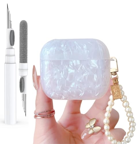 Olytop Schutzhülle für Airpods 4 mit Glitzerstift, Muschelmuster, für Apple Airpods 4. Generation, mit luxuriösem Perlen-Schlüsselanhänger, Weiß von Olytop