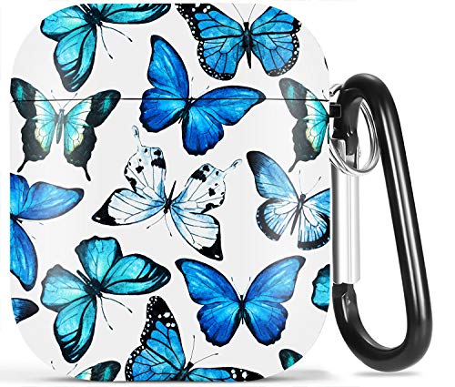 Olytop AirPods-Hülle mit Schmetterling, niedlich, stoßfeste Abdeckung für Damen und Mädchen mit Schlüsselanhänger für Apple AirPods 2. 1. Generation, blaue Schmetterlinge von Olytop