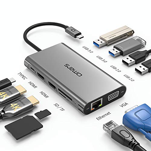 Omars Dockingstation, USB C Hub mit Triple Display Dual HDMI mit VGA Adapter USB C Dockingstation Multiport 2 HDMI 4K, Gigabit Ethernet RJ45, PD 100W, 4 USB, SD/TF für MacBook Pro/Air von Omars