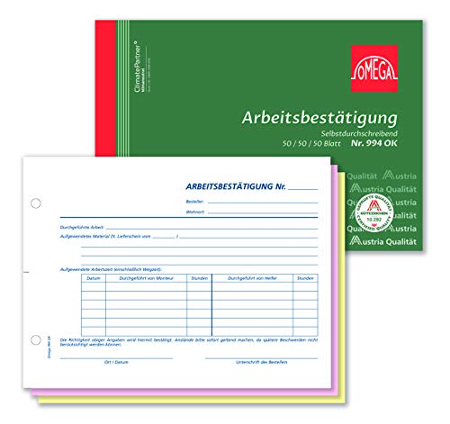 Omega Arbeitsbestätigung 994 OK, selbstdurchschreibend, A5 quer, 3 x 50 Blatt, weiß/rosa/gelb von Omega Druck