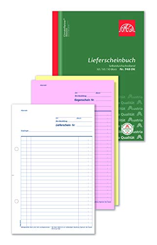Omega Druck Lieferscheinbuch 948 OK, selbstdurchschreibend, A4 hoch, 3 x 50 Blatt, weiß/rosa/gelb, bedruckt von Omega Druck