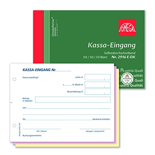 Omega Druck Omega Kassaeingangsbuch 2916E OK LP, selbstdurchschreibend, A6 quer, 3 x 50 Blatt, mit farbigen Durchschlägen weiß/rosa/gelb von Omega Druck