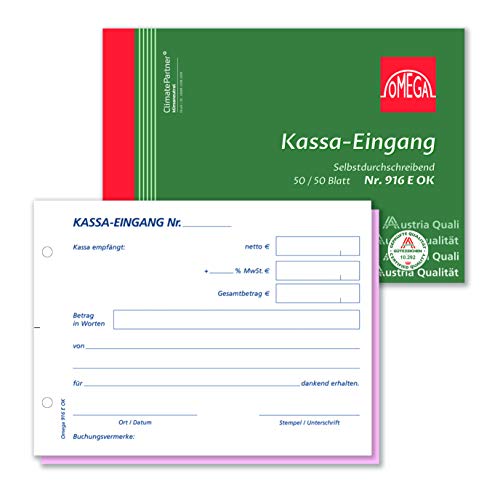 Omega Kassaeingangsbuch 916E OK, selbstdurchschreibend, A6 quer, 2 x 50 Blatt, weiß/rosa von Omega Druck