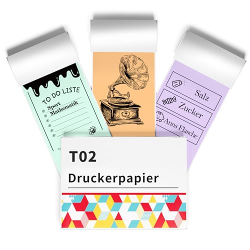 Lila/Grün/Orange Thermopapier for T02 Mini Drucker - Aufkleberpapier Arbeitet mit T02/M02X/M02L Mini Etikettendrucker, 10 Jahre lang haltbar, Perfekt für Tagebuchfotos und Notizen, 50mmx3.5m, 3 Rollen von Omezizy