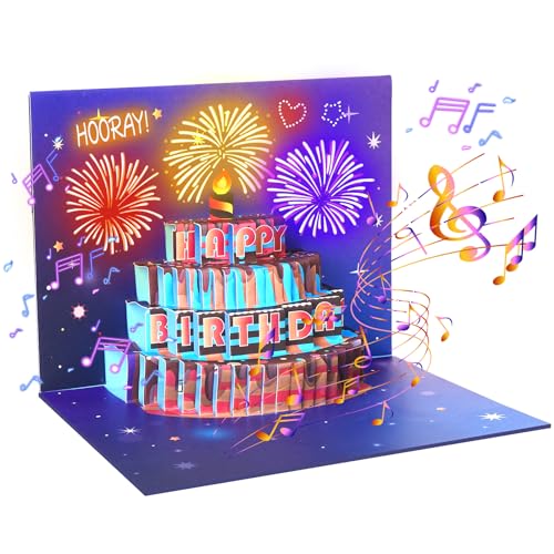 Geburtstagskarte, Musikalische & Licht Happy Birthday Karten für Frauen Männer Ehemann Ehefrau Kinder, Premium 3D Pop Up Grußkarten Geburtstagsgeschenke von Omgpeike