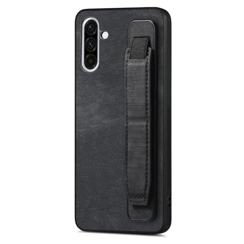 Omio Entworfen für Galaxy A36 5G, Lederhülle mit Ständer und Schlaufe, Handgelenkschlaufe, Leder-Rückseite, harter Polycarbonat, stoßfest, Fingergriff-Hülle für Männer, Frauen, Mädchen, Schwarz von Omio