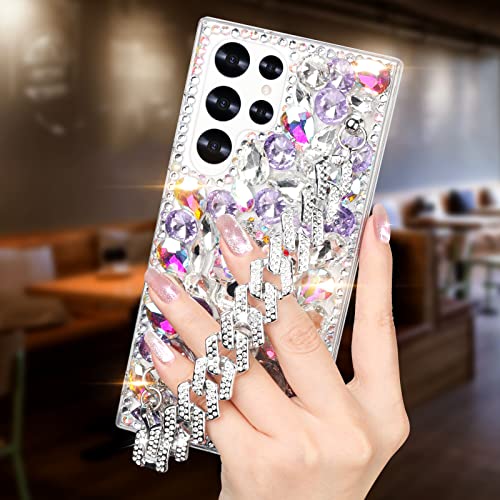 Omio Entworfen für Samsung Galaxy S22 Ultra Hülle Niedlich für Frauen Mädchen Luxus Glitzer Strass Totenkopf Perle Kristall Band Kette Armband Bling Glitzer Diamant Slim Acryl Stoßfest Cover, Lila von Omio