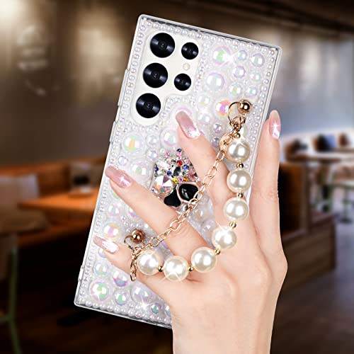 Omio Entworfen für Samsung Galaxy S22 Ultra Hülle Niedlich für Frauen Mädchen Luxus Glitzer Strass Totenkopf Perle Kristall Band Kette Armband Bling Glitzer Diamant Slim Acryl Stoßfest Cover, Perle von Omio