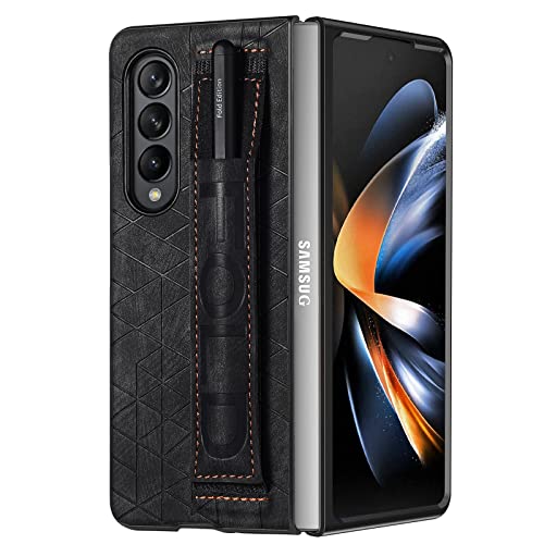 Omio Entworfen für Samsung Galaxy Z Fold 3, Leder-Hülle mit S-Stifthalter und Gurt, Handschlaufe, Leder-Rückabdeckung, Harte Polycarbonat, stoßfest, Fingergriff-Hülle für Galaxy Z Fold 3, Herren, von Omio