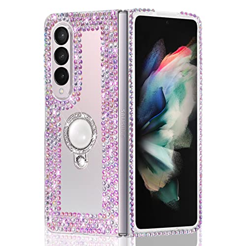 Omio Entworfen für Samsung Galaxy Z Fold 4 Hülle für Frauen Mädchen, Luxus 3D Handmade Sparkle Strass Bling Kristall Diamant Glitzer Hülle mit Ring Ständer Stoßfeste Cover für Galaxy Z Fold 4 5G Klar von Omio