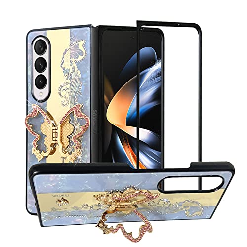 Omio Entworfen für Samsung Galaxy Z Fold 4 Hülle mit Ständer, niedlicher Glitzer, Diamant, 3D-Schmetterling-Design, weiche TPU-Stoßstange, Perle, Harte Rückseite mit Ständer, Spiegel, stoßfeste von Omio