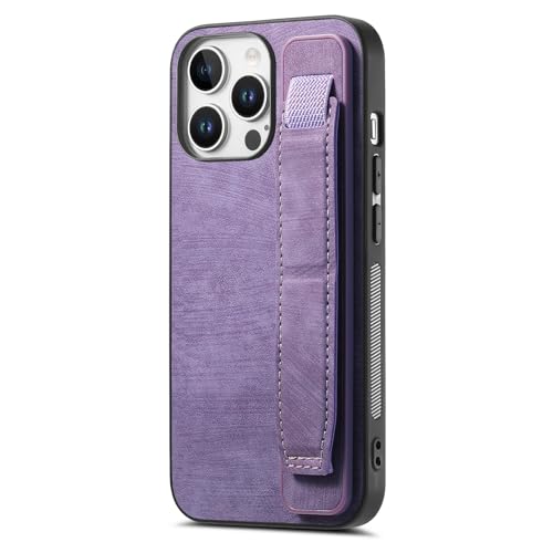 Omio Entworfen für iPhone 16 Pro, Lederhülle mit Ständer und Schlaufe, Handgelenkschlaufe, Leder-Rückseite, hartes Polycarbonat, stoßfest, Fingergriff-Hülle für Männer, Frauen, Mädchen, Lila von Omio