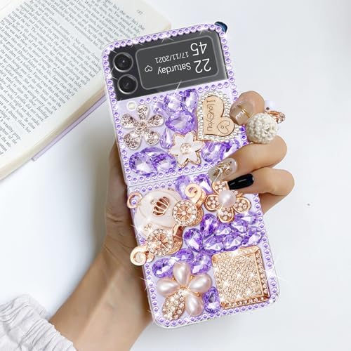Omio Schutzhülle für Galaxy Z Flip 3 5G, luxuriös, handgefertigt, glitzernd, Strass, Eisenturm, Anhänger, Kürbis, Auto, Blumen, Kristall, Diamant, Glitzer, harte PC-Hülle für Frauen und Mädchen, Lila von Omio