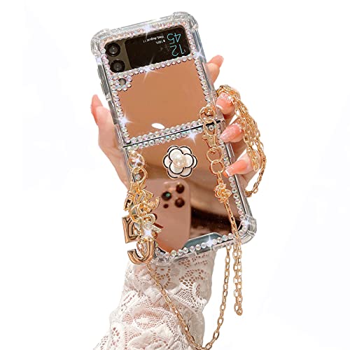 Omio Für Samsung Galaxy Z Flip 4 5G Spiegel Hülle mit Umhängeband Luxus 3D Glitzer Kristall Diamant Bling Glitzer Niedlich Slim Make-up Hard PC Handyhülle für Galaxy Z Flip 4 Frauen Mädchen, Gold von Omio