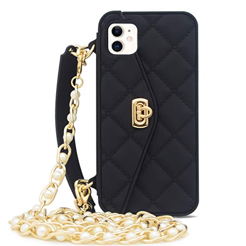 Omio Für iPhone 12 Handtasche Hülle mit Kartenhalter, Handgelenkschlaufe, weiches Silikon, Brieftaschen-Hülle für Frauen, luxuriös, stilvoll, lange Perlenkette, Hülle für iPhone 12 von Omio