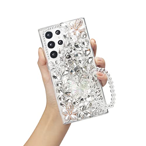Omio Kompatibel mit Samsung Galaxy S24 Ultra Bling Hülle mit Handkette Band Cute Schmetterling Armband 3D Handmade Sparkle Glitter Crystal Bling Diamond Hard PC Handyhülle für Frauen Mädchen Weiß von Omio