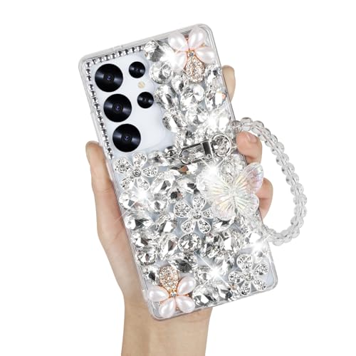 Omio Kompatibel mit Samsung Galaxy S25 Ultra Bling Hülle mit Handkette Band Cute Butterfly Armband 3D Handmade Sparkle Glitter Crystal Bling Diamond Hard PC Handyhülle für Frauen Mädchen Weiß Omio Kompatibel mit Samsung Galaxy S25 Ultra Bling Hülle mit Handkette Band Cute Butterfly Armband 3D Handmade Sparkle Glitter Crystal Bling Diamond Hard PC Handyhülle für Frauen Mädchen Weiß von Omio