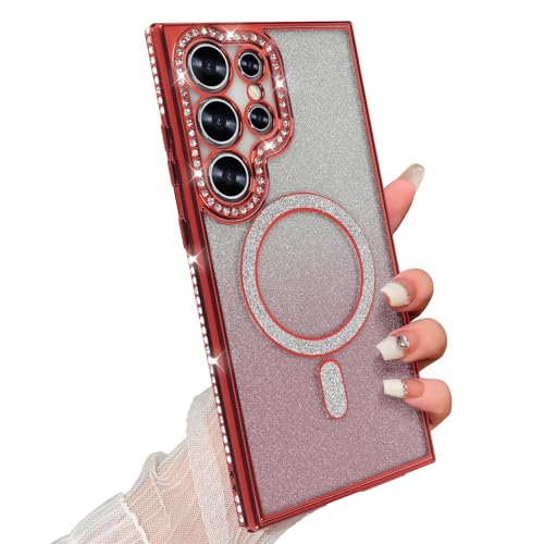 Omio Magnetische Glitzer Hülle für Galaxy S24 Ultra, kompatibel mit MagSafe, Luxus Plating Bling Gradient Strass Diamant Cover für Frauen Mädchen Weiche Silikon Niedlich Klar Stoßfest Case Rot Omio Magnetische Glitzer Hülle für Galaxy S24 Ultra, kompatibel mit MagSafe, Luxus Plating Bling Gradient Strass Diamant Cover für Frauen Mädchen Weiche Silikon Niedlich Klar Stoßfest Case Rot von Omio