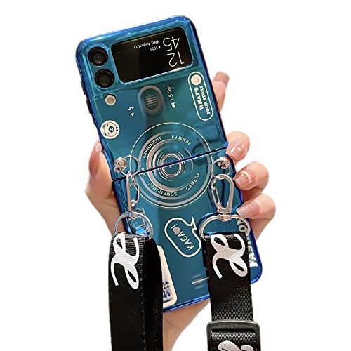 Omio Schutzhülle für Samsung Galaxy Z Flip 3, niedlich, mit abnehmbarer Umhängeband, ästhetische Kamera, Blu-ray-Design, schlank, IMD, harte PC-Rückseite, Frauen und Mädchen, Blau von Omio