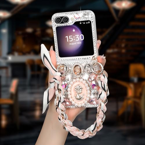 Omio Schutzhülle für Samsung Galaxy Z Flip 5, glitzernd, mit Handkette, Handgelenkschlaufe, Armband, Seidenschal für Mädchen und Frauen, funkelnde Strasssteine, Perlen, Kristall, Glitzer, Diamant, von Omio