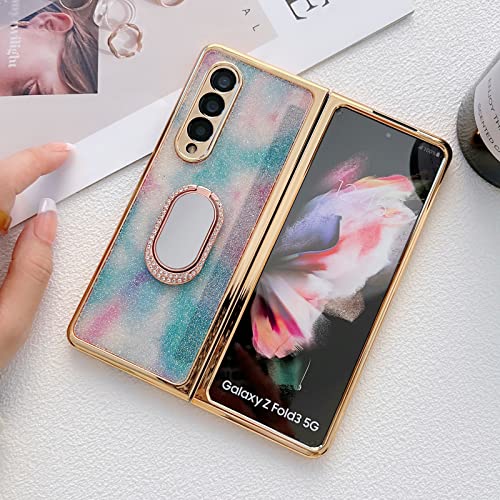 Omio Schutzhülle für Samsung Galaxy Z Fold 3 / 5G, luxuriöses Plating Case mit Ring Kickstand & Make-up-Spiegel, 3D-Handarbeit, Glitzer, Harte PC-Handyhülle für Z Fold 3 Frauen Mädchen Blau von Omio