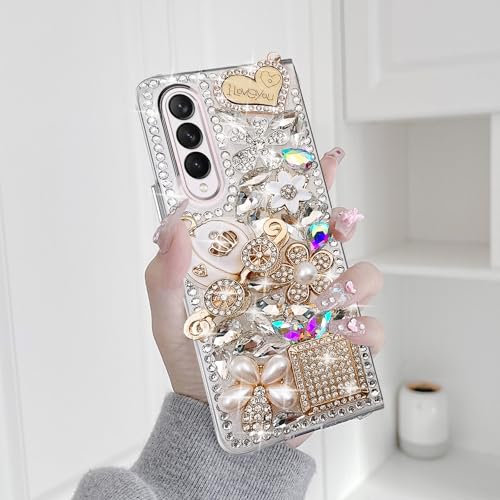 Omio Schutzhülle für Samsung Galaxy Z Fold 3 5G, luxuriöses 3D-Design, handgefertigt, mit Strasssteinen, Eisenturm-Anhänger, Kürbis-Autoblumen, Kristall-Diamant-Glitzer, Frauen und Mädchen, Weiß von Omio