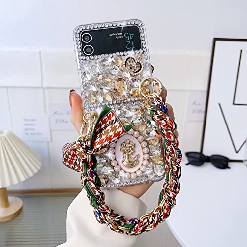 Omio für Samsung Galaxy Z Flip 4 Bling Hülle mit Handkette Handschlaufe Armband Seidenschal für Mädchen Frauen Glitzer Strass Perle Kristall Glitzer Diamant Stoßfest Cover für Galaxy Z Flip 4 Gold von Omio